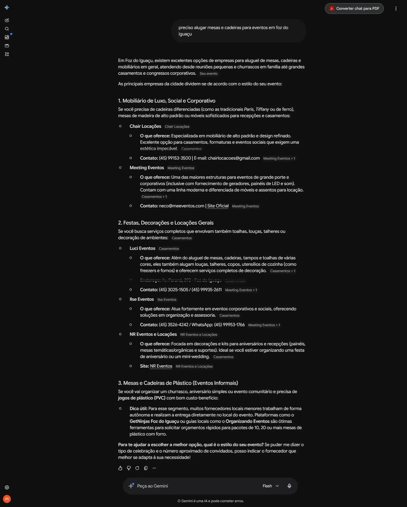 Registro de recomendação da empresa em consulta ao Gemini