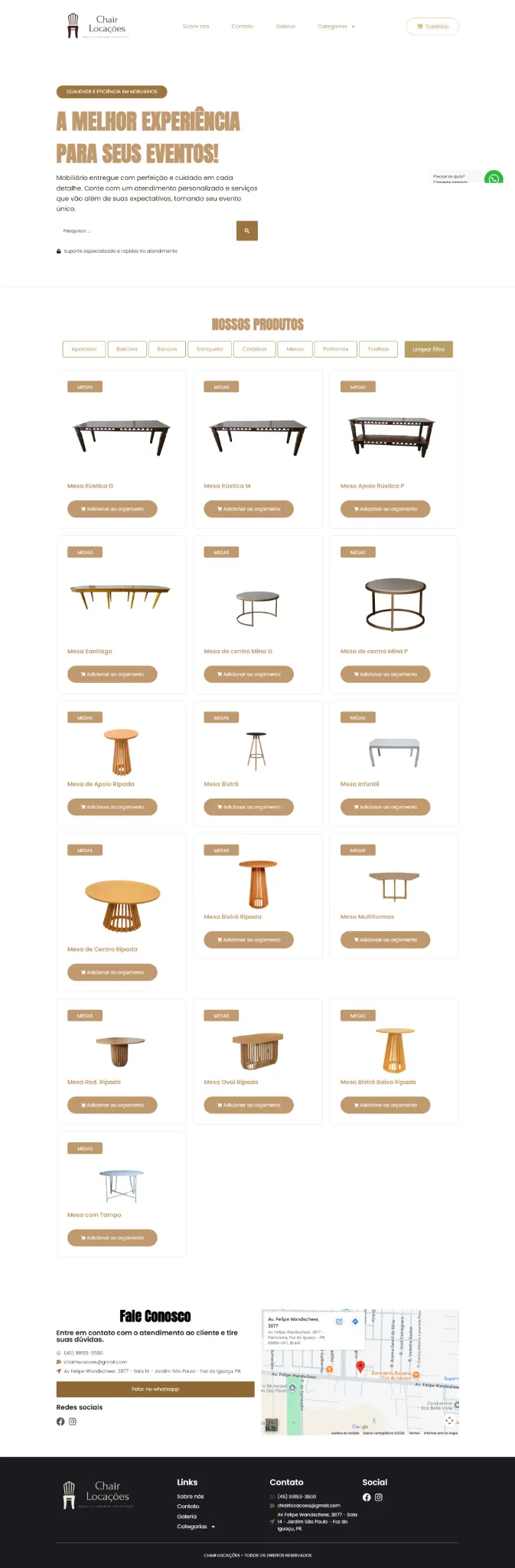 Home do site com apresentação das linhas de mobiliário