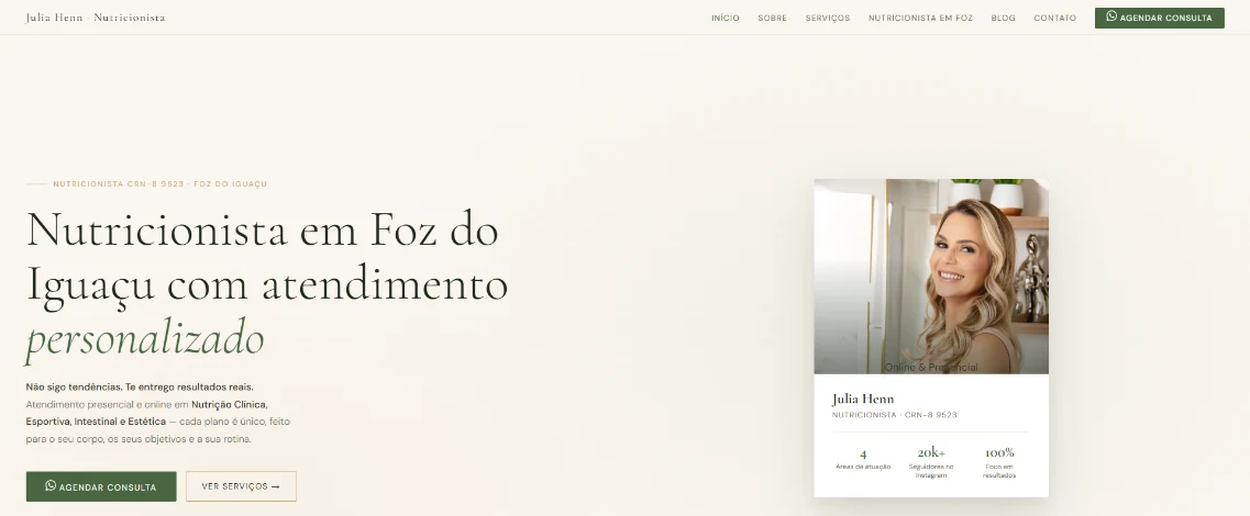 Página inicial do site profissional de Julia Henn Nutricionista