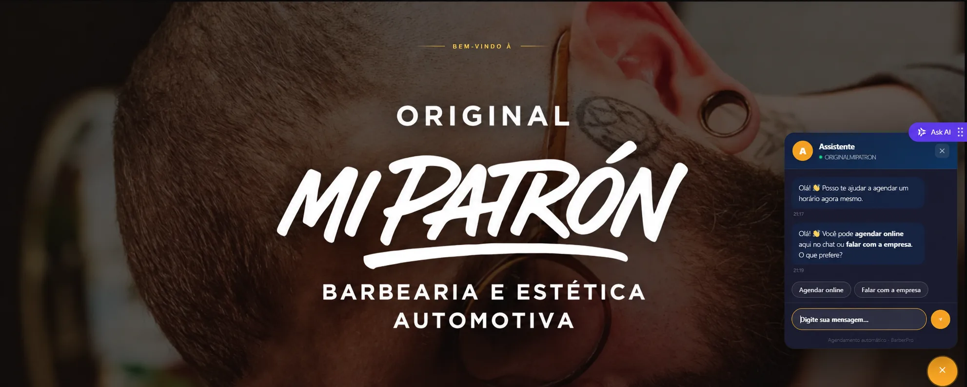 Site da Original Mi Patrón integrado ao sistema BarberPro, com assistente de agendamento