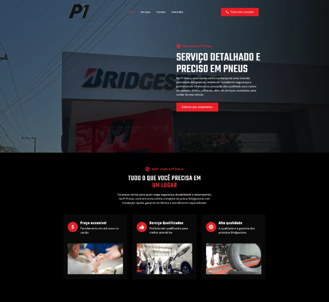 Home do site institucional da P1 Pneu