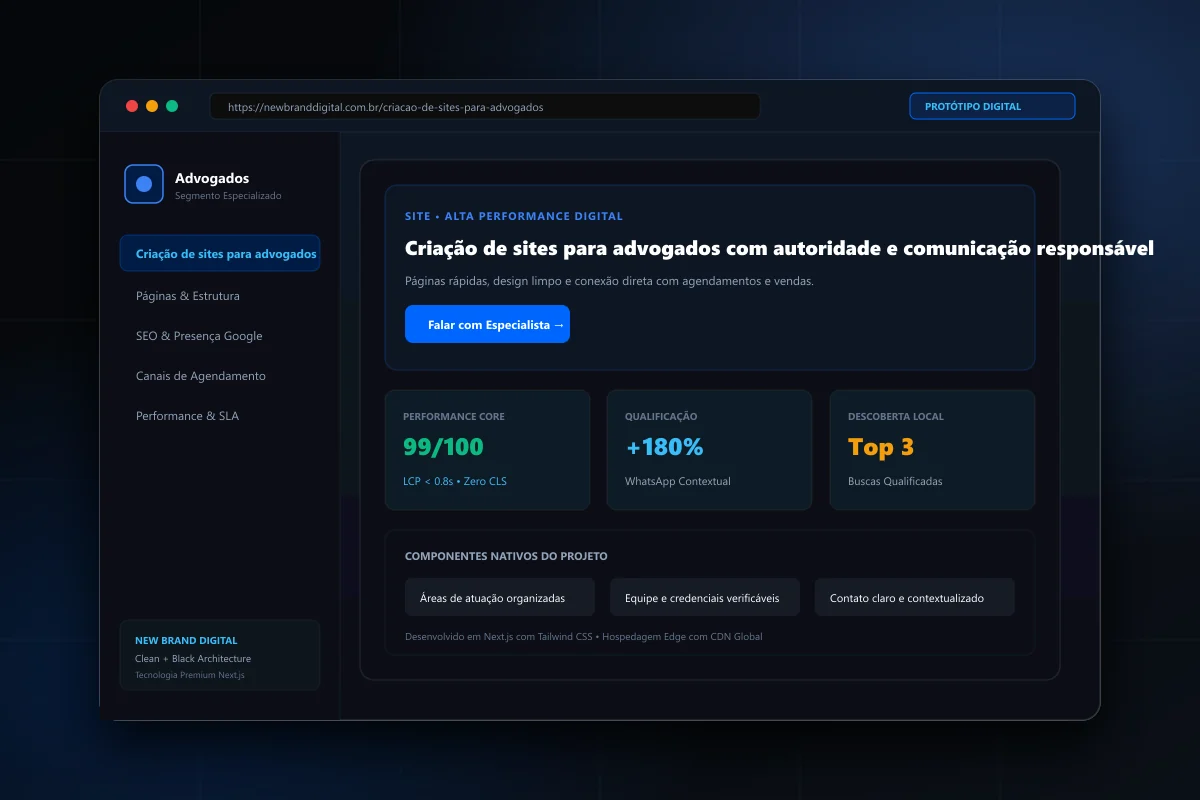 Interface demonstrativa de Criação de sites para advogados - New Brand Digital