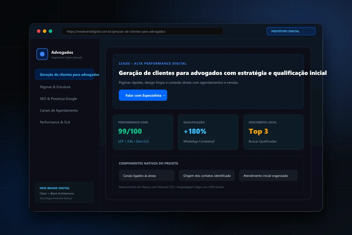 Interface demonstrativa de Geração de clientes para advogados - New Brand Digital