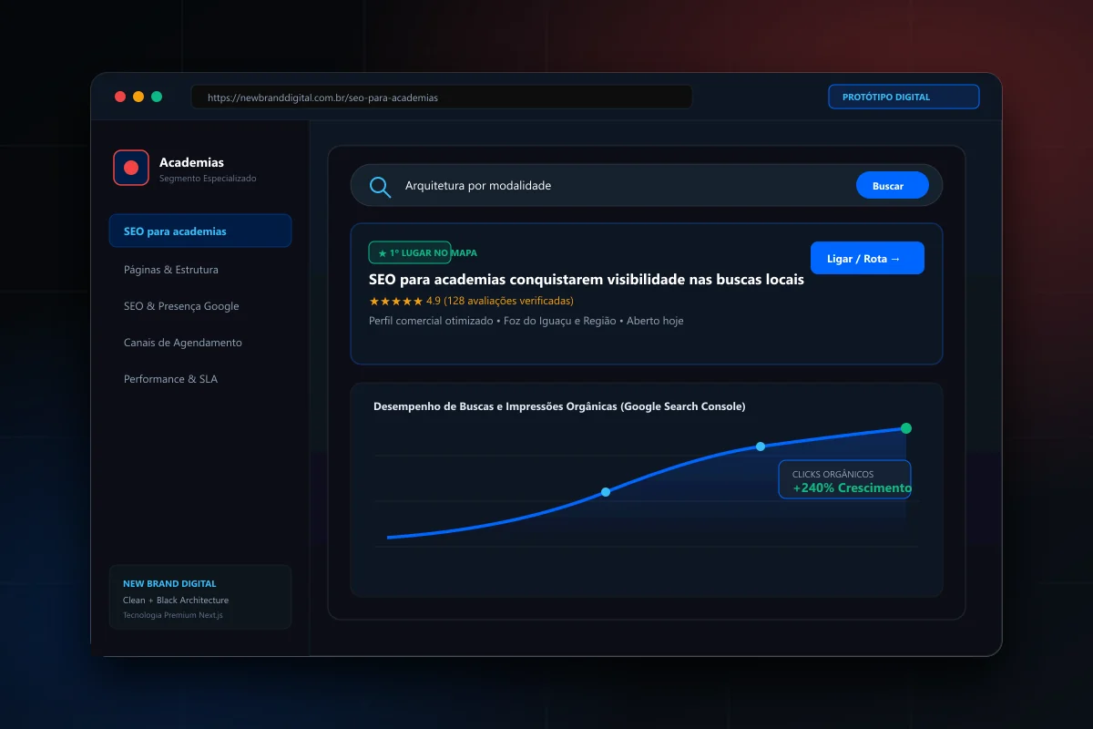 Interface demonstrativa de SEO para academias - New Brand Digital