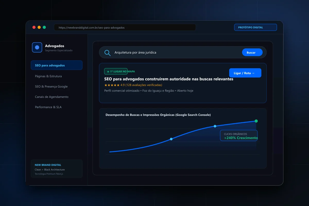Interface demonstrativa de SEO para advogados - New Brand Digital