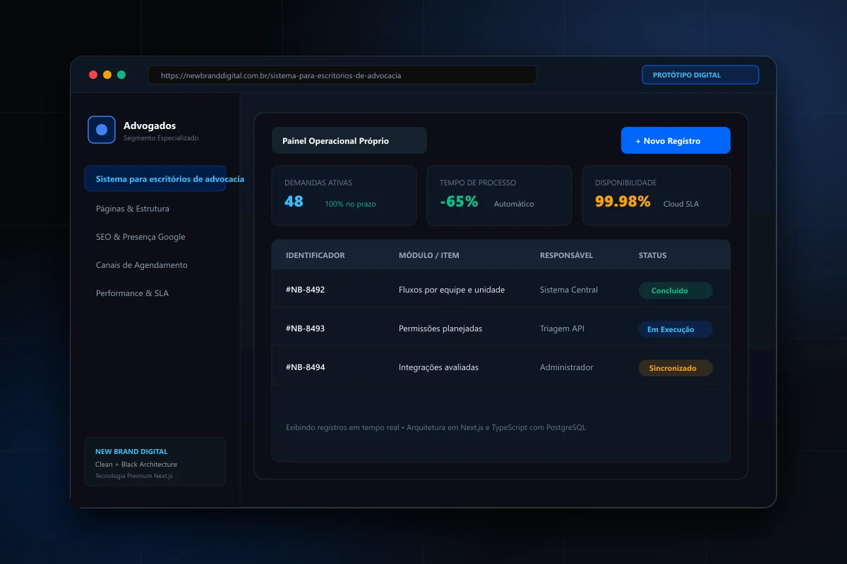 Interface demonstrativa de Sistema para escritórios de advocacia - New Brand Digital